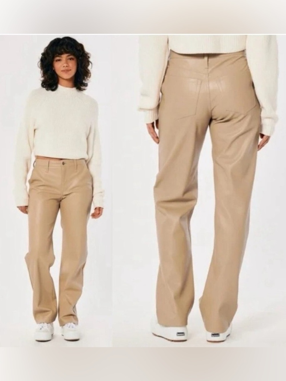 Hollister High-Rise Faux Leather Trousers in Light Beige